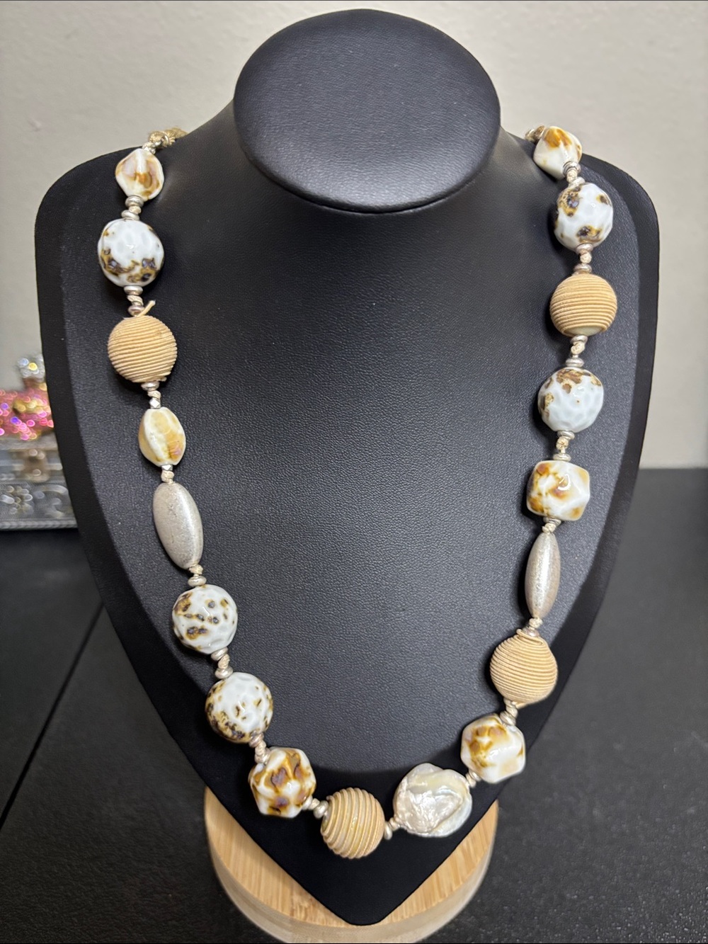 J. Jill Handcrafted Mixed Media Stone MOP Metal Beige White Beaded Necklace